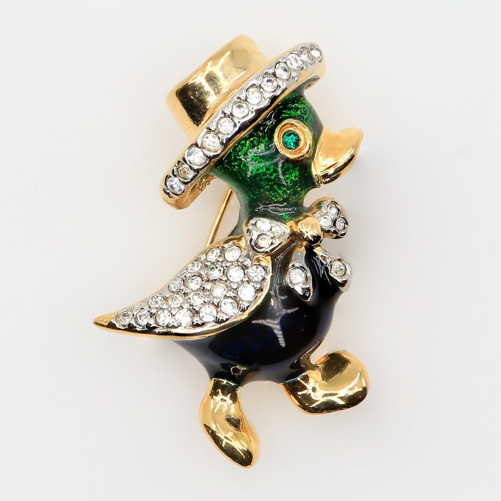 Vintage Puccini Green & Blue Enamel Rhinestones Duck &‎ Hat Figural Brooch 1970s